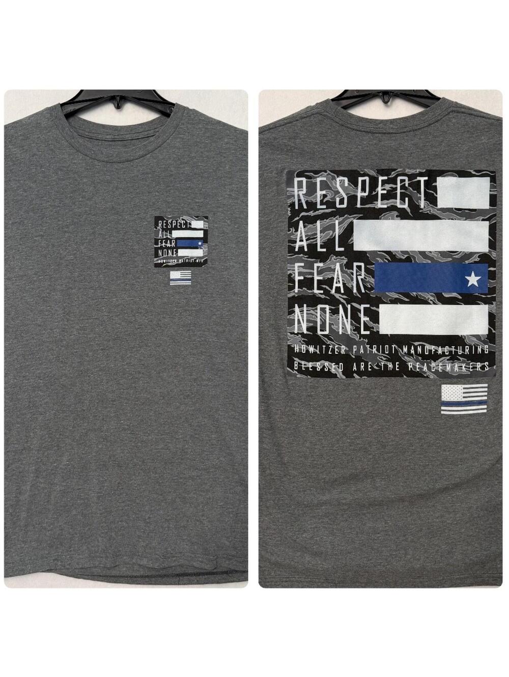 Howitzer Patriot Men's LARGE Respect All Fear None BLUE LINE Gray T Shirt